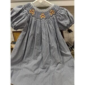 Sweet Angela by Rosalina Girls 2T Smocked Teddy Bear Gingham Bishop Dress Navy